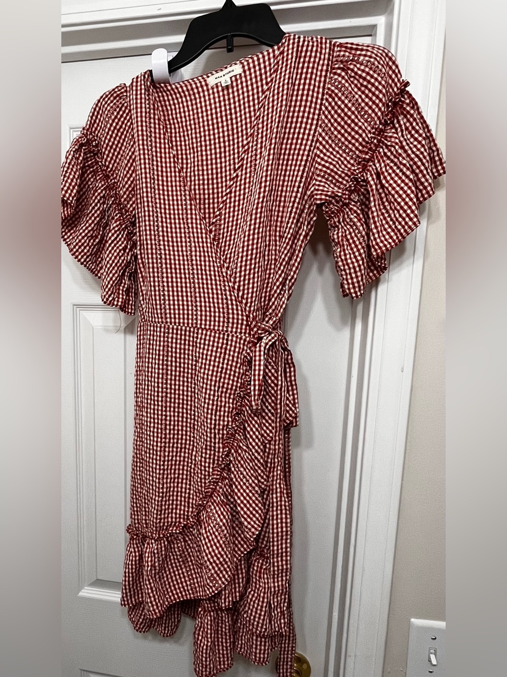 Max Studio Red Gingham Wrap Midi Dress